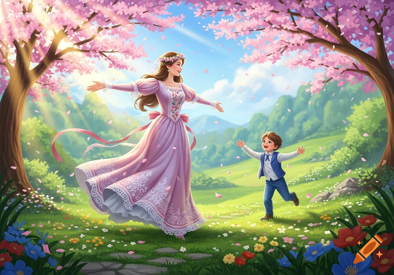 An illustrated mother in a pink dress and flower crown embracing her son in a vibrant spring garden with cherry blossoms.
