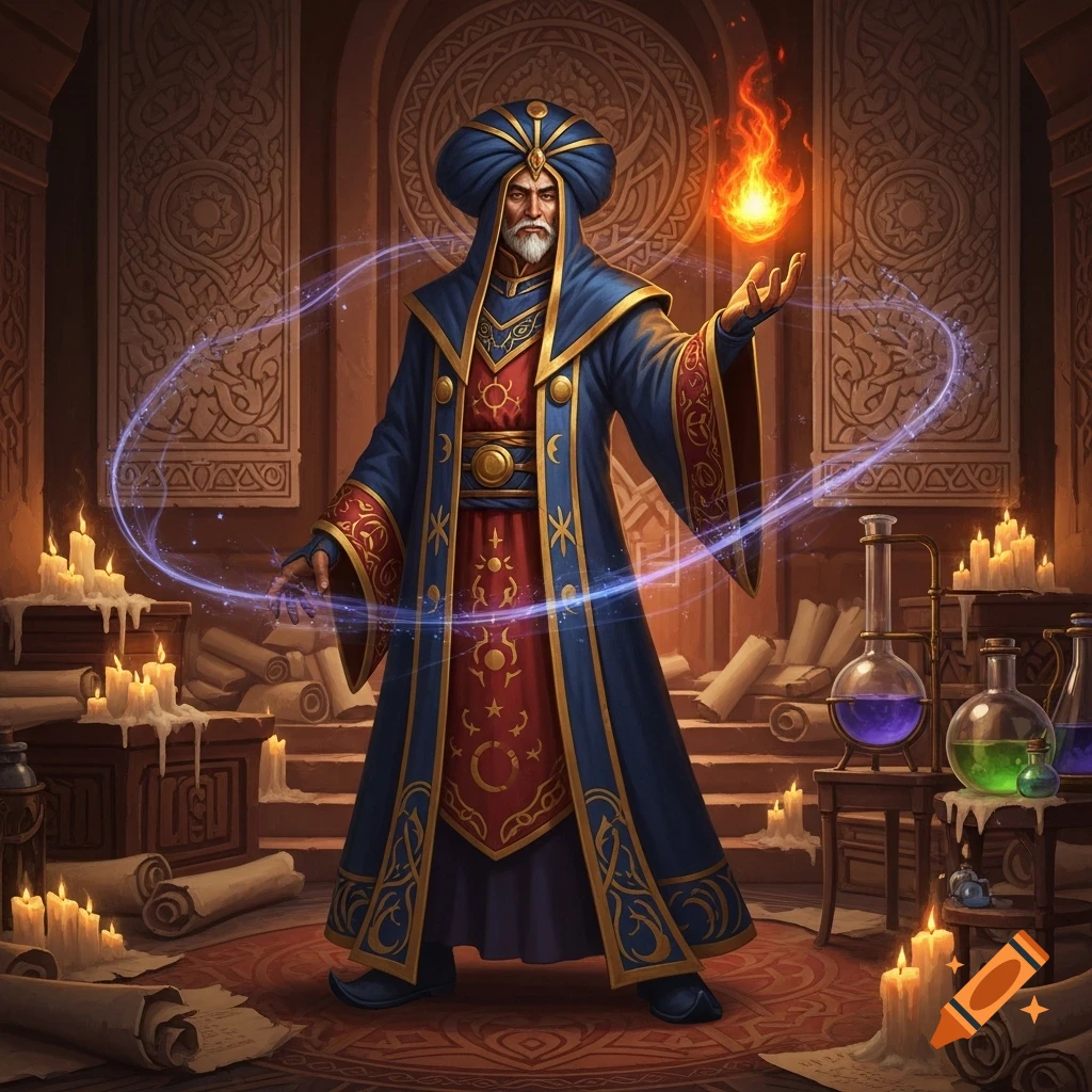 A white-bearded wizard in a blue and red robe and turban casts a fire spell amidst scrolls and glowing candles in a magical chamber.