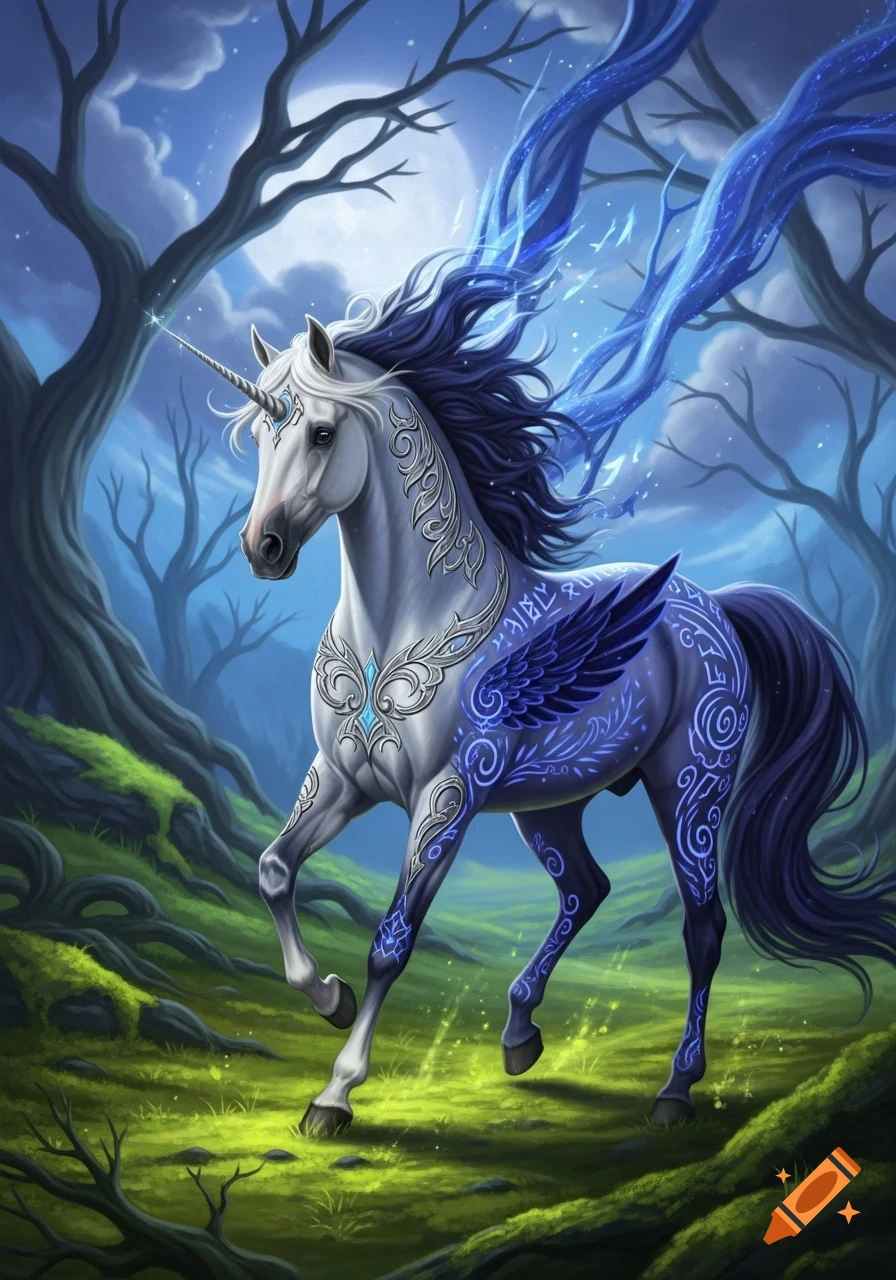 A white unicorn with a blue mane and tail, adorned with glowing blue patterns, stands in a magical forest under a full moon.