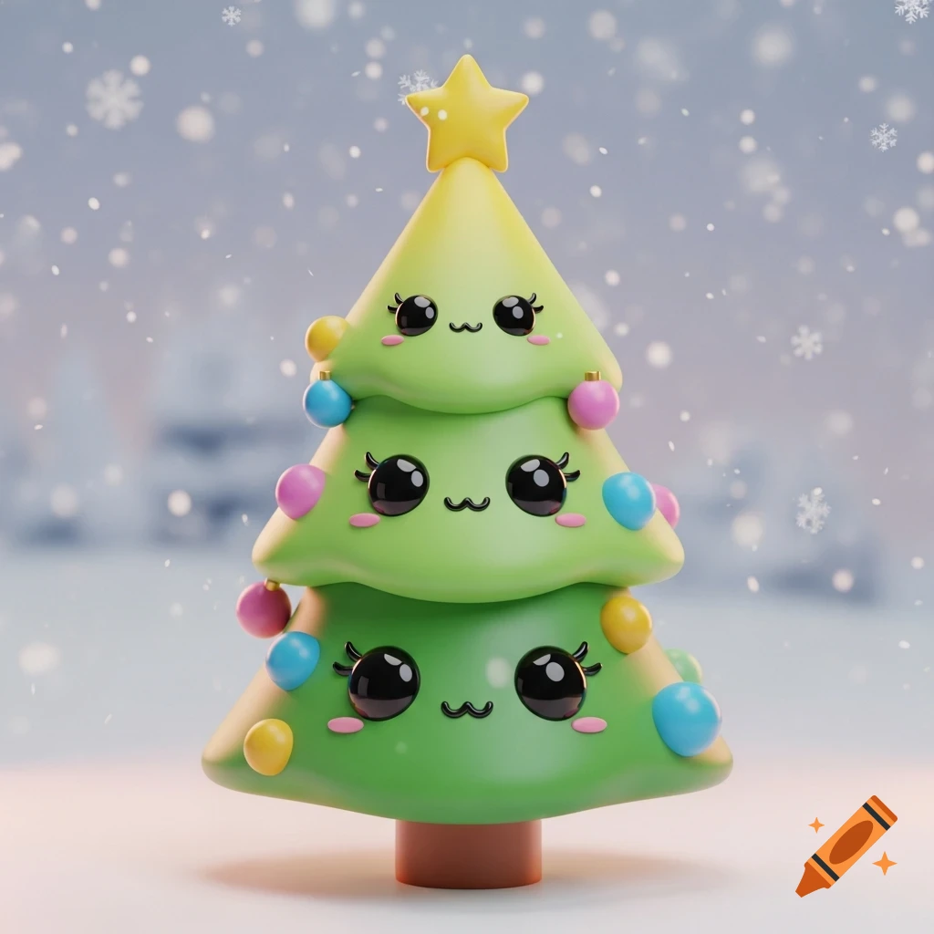 A cute, stylized 3D green Christmas tree with big black eyes and colorful ornaments, set against a snowy, blurred background.