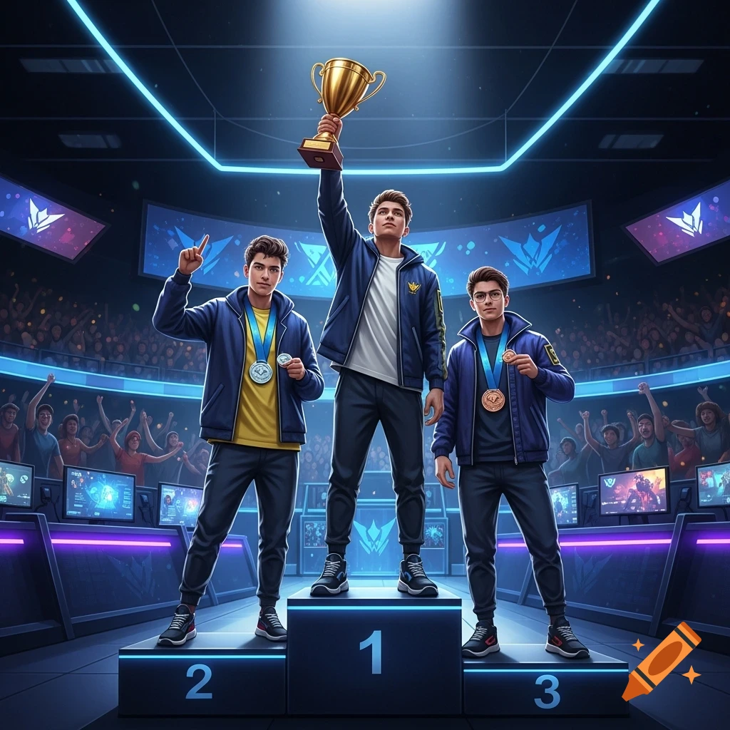 Three young men on a podium in a neon-lit esports arena, one with a golden trophy, others with medals, realistic illustration.