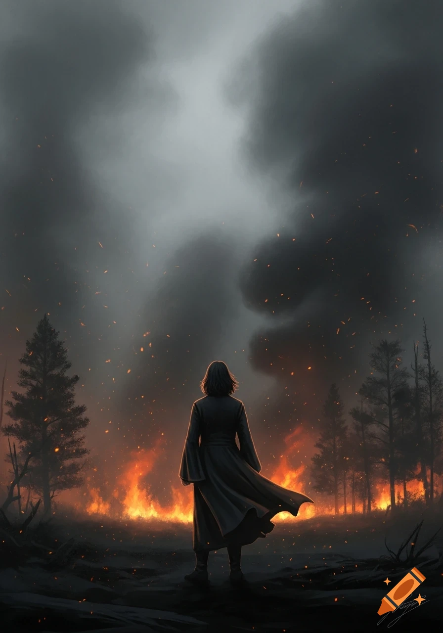 A person in a dark cloak stands with their back to the viewer, watching a forest ablaze under a smoky, ash-filled sky.