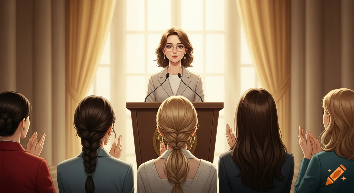 An illustrated woman with glasses and wavy brown hair speaks at a podium to an audience of five women seen from behind, all applauding.