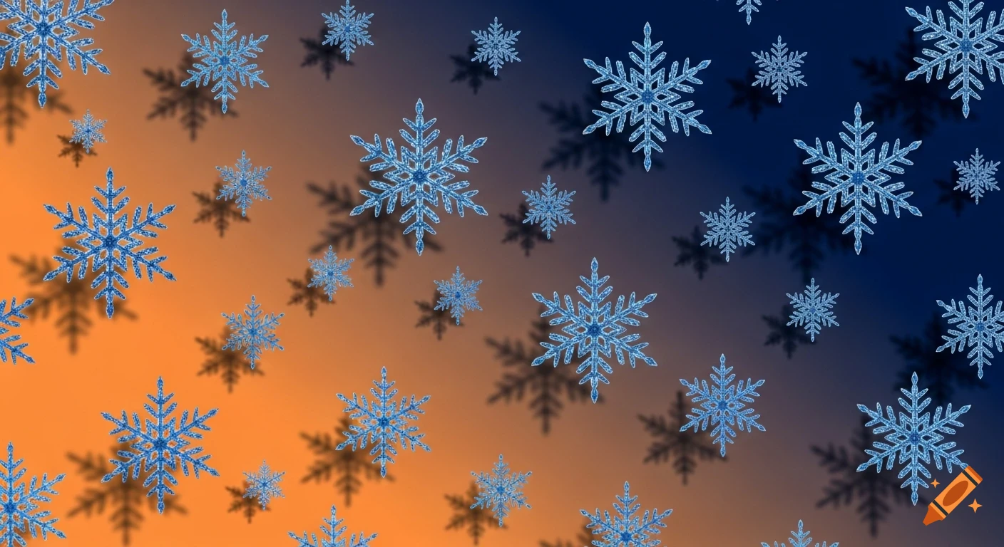 Blue glittery snowflakes with shadows on a smooth orange to dark blue gradient background, resembling a winter wallpaper.