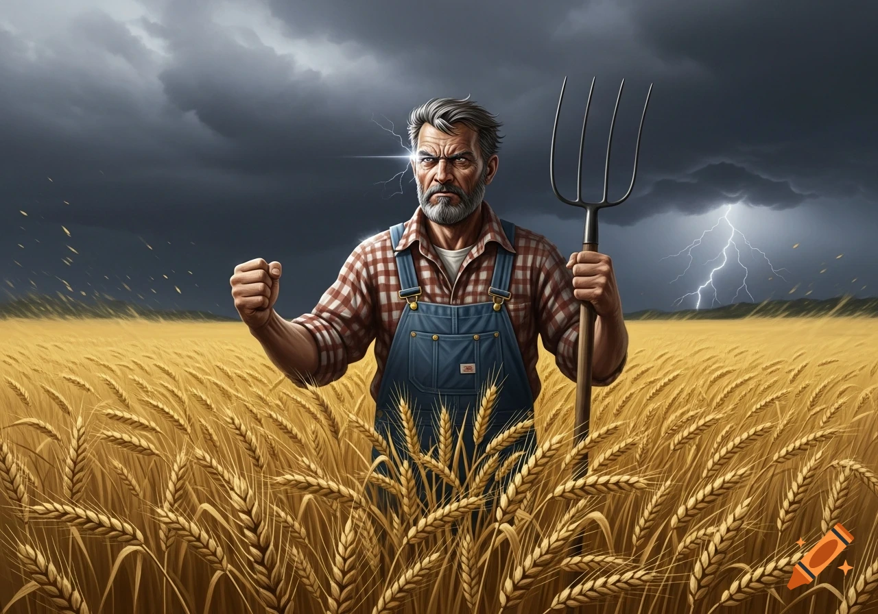 An angry farmer with a clenched fist and pitchfork stands in a wheat field under a dramatic, stormy sky with lightning.