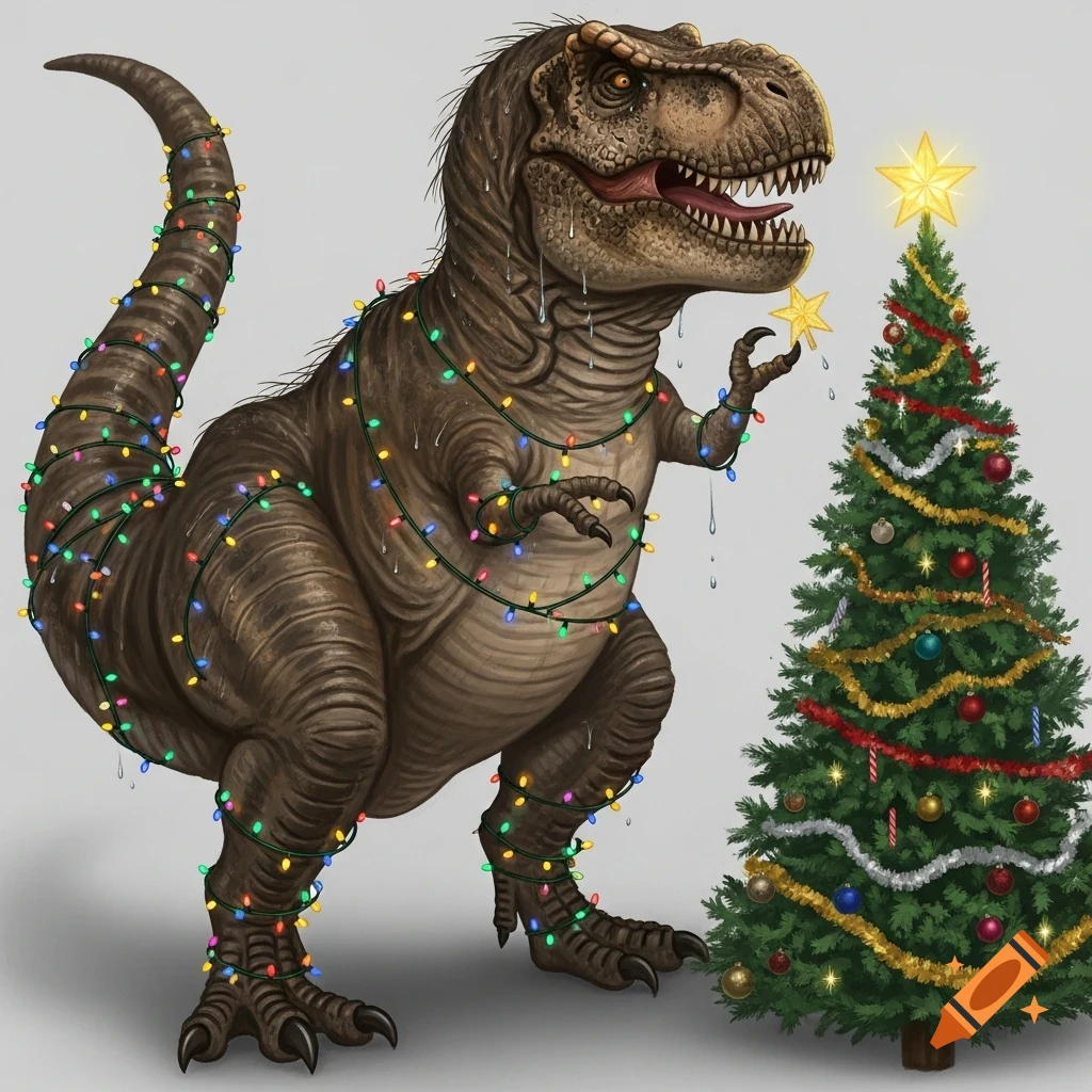 An illustrative image of a brown T-Rex tangled in colorful Christmas lights, holding a gold star next to a decorated Christmas tree.