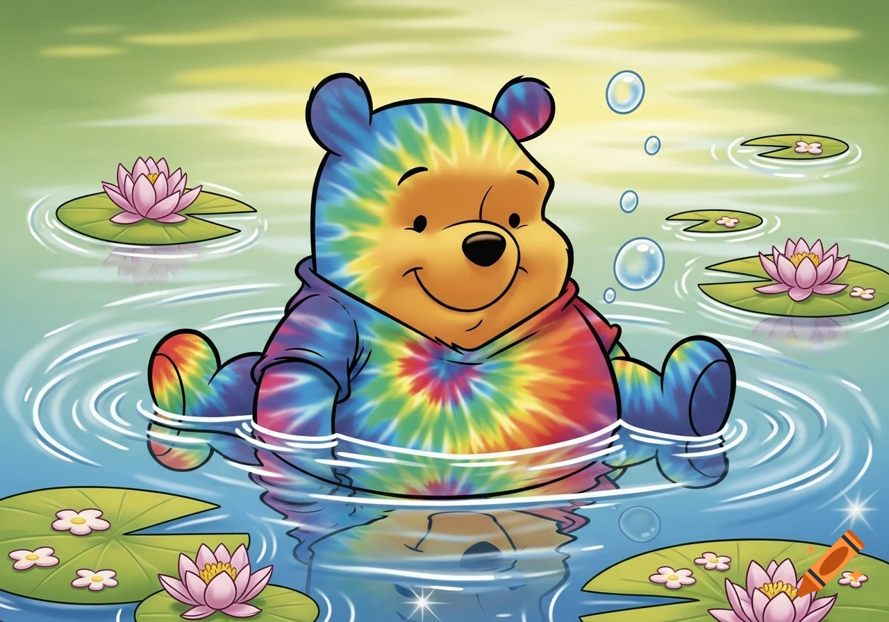 Cartoon illustration of a smiling Winnie the Pooh in a rainbow tie-dye pattern, sitting in water with pink lily pads and bubbles.