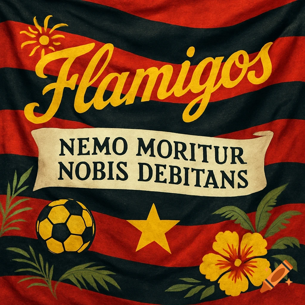 A vintage Brazilian soccer-style banner with red and black stripes, featuring 'Flamigos', 'NEMO MORITUR NOBIS DEBITANS', a soccer ball, star, sun, and flower.