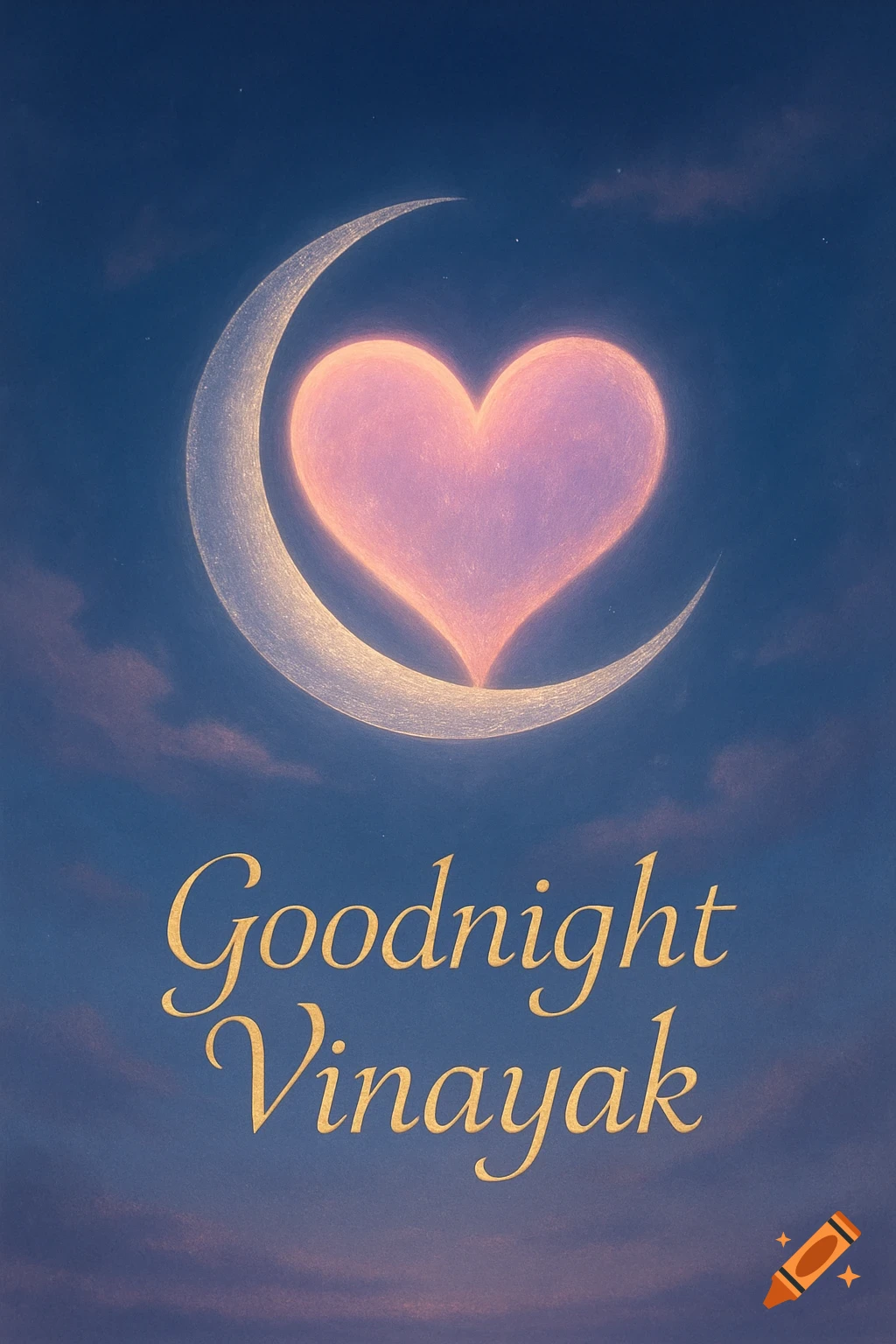 A glowing pink heart overlapping a crescent moon in a dark blue, starry night sky with "Goodnight Vinayak" text.