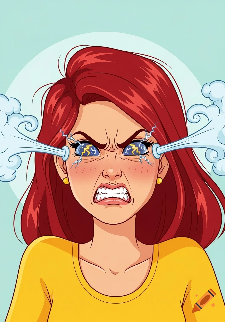 Cartoon of a frustrated woman with red hair, steam coming from her ears, and lightning bolts in her eyes.