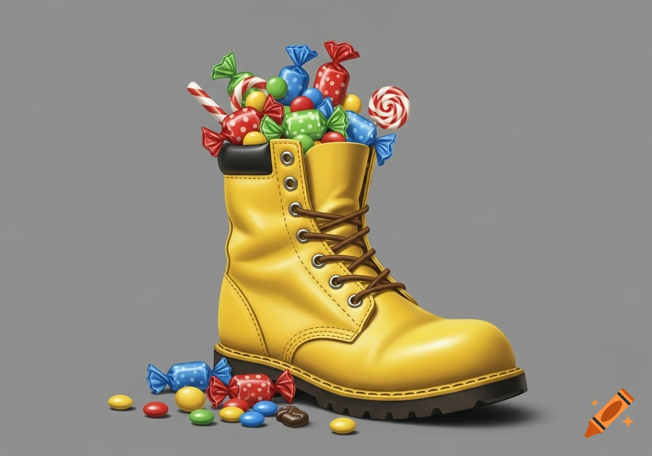 A vibrant yellow work boot overflowing with colorful candies, lollipops, and hard sweets, with more scattered around its base on a gray background.