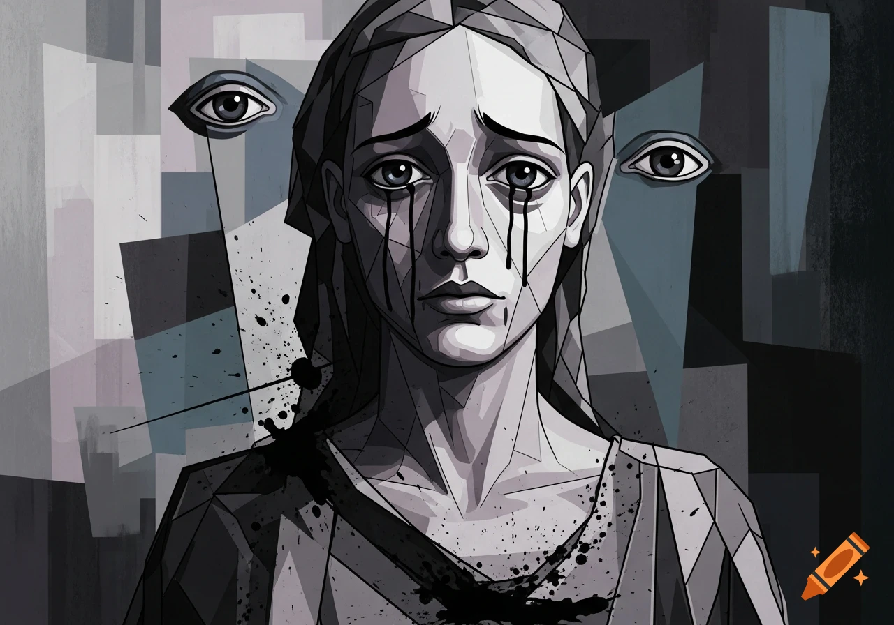 Cubist portrait of a grieving woman with black tears and paint splatters, stylized in grayscale with floating eyes.