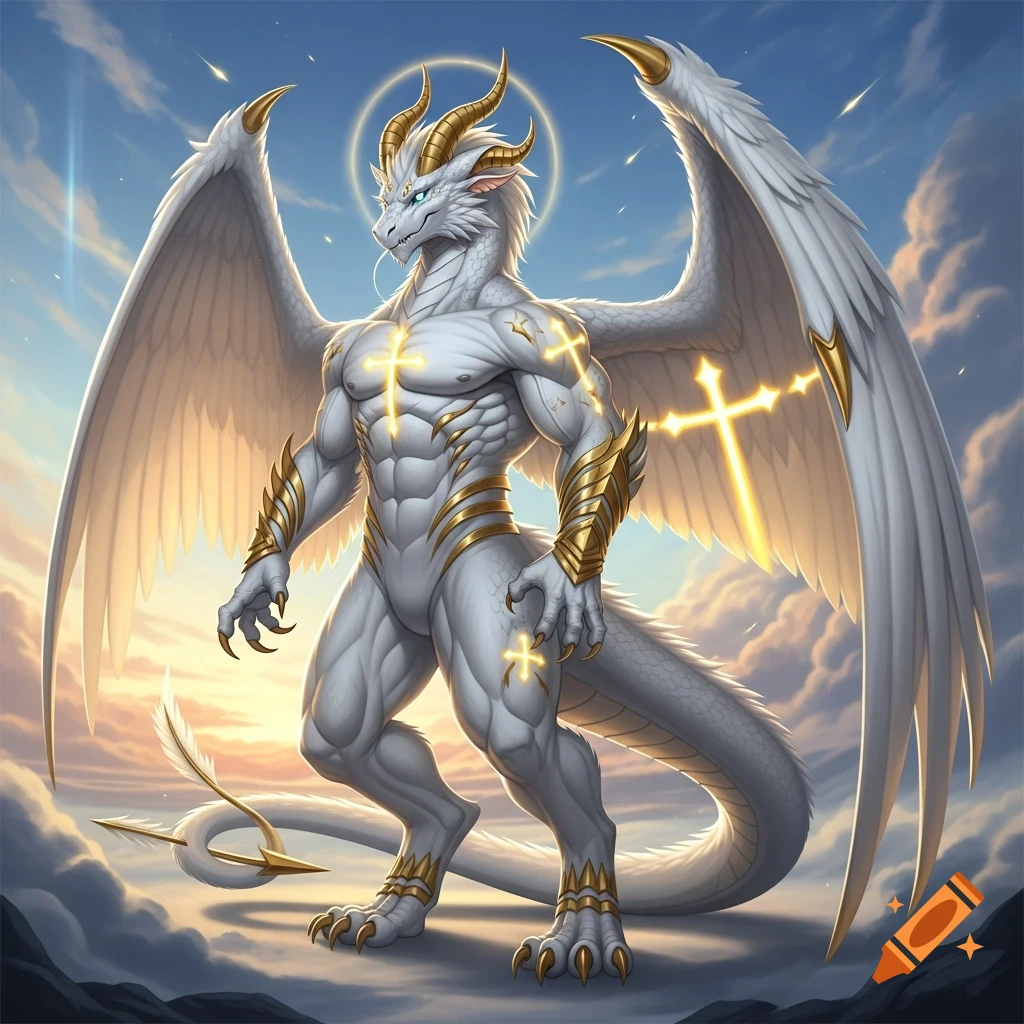 Muscular white anthropomorphic dragon with golden horns, claws, wing accents, and glowing crosses, standing against a cloudy sky.