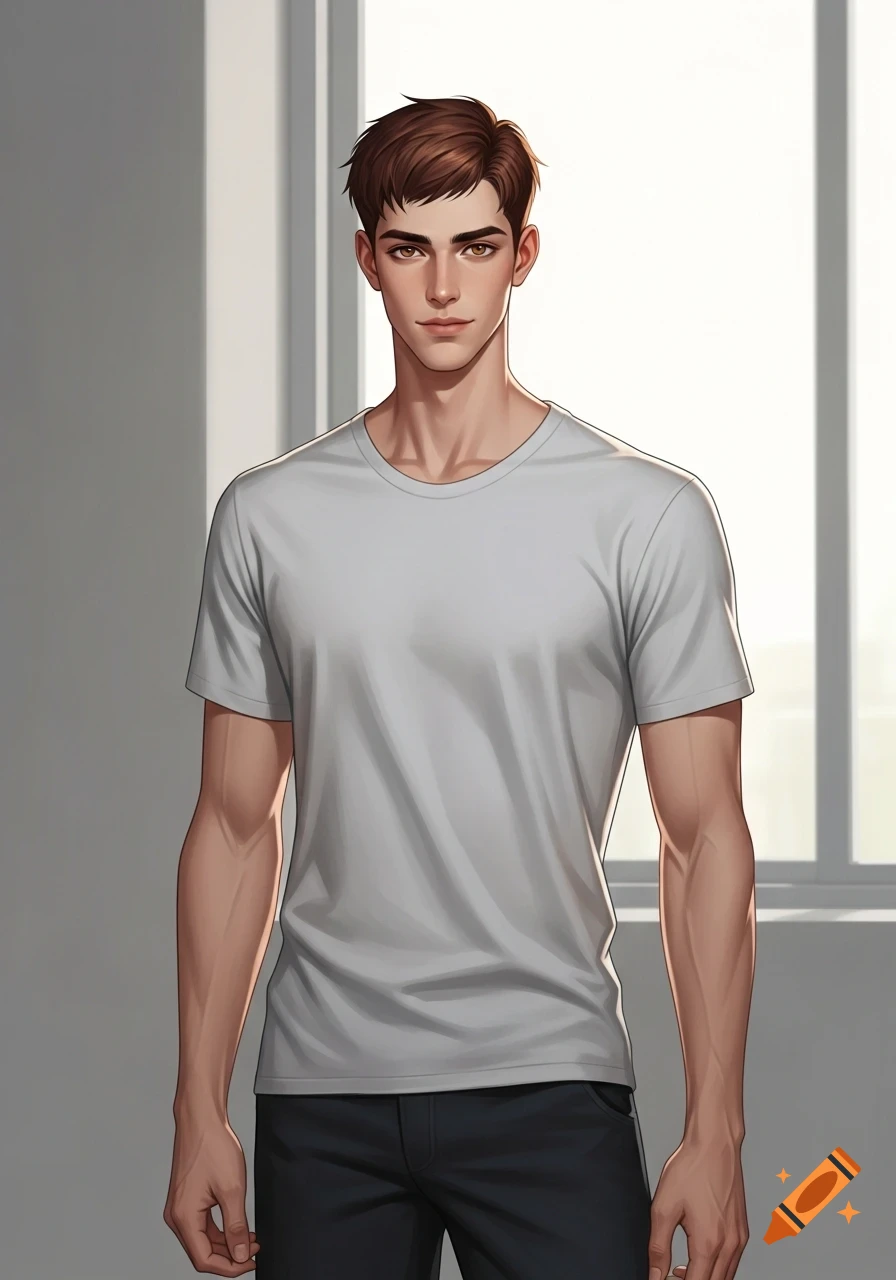 Digital art portrait of a handsome young man with short auburn hair and honey eyes, wearing a white t-shirt, standing in a bright room.
