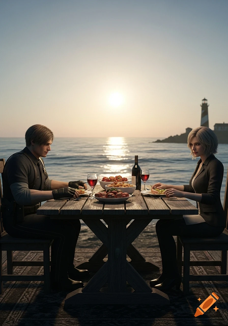 A photorealistic image of a man and a woman having a romantic dinner at a wooden table by the sea during sunset, with a lighthouse in the distance.