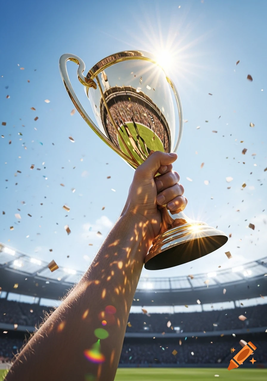 A close-up, low-angle shot of a hand holding a gleaming golden trophy upwards, with confetti falling and a stadium crowd reflected in it, under a bright sunlit sky.