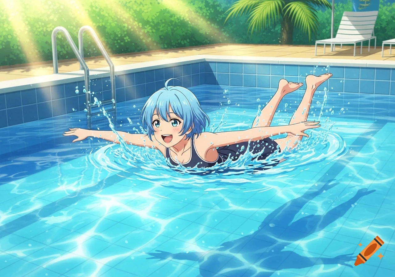 An anime girl with short blue hair joyfully swims in a bright blue pool, splashing water with her arms outstretched.