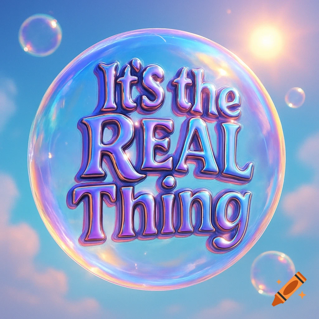 A large iridescent bubble with the words 'It's the REAL Thing' in a blue sky with sun and smaller bubbles.