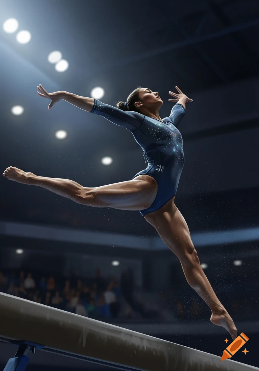 A female gymnast in a sparkling blue leotard leaps gracefully above a balance beam in a brightly lit arena.