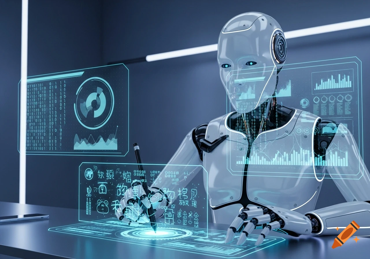 Photorealistic humanoid robot interacts with glowing blue holographic screens and a digital interface.