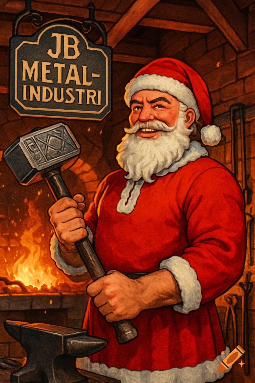 Smiling Santa Claus, dressed as a blacksmith, holds a hammer in a workshop with an anvil, fire, and a 'JB Metalindustri' sign.