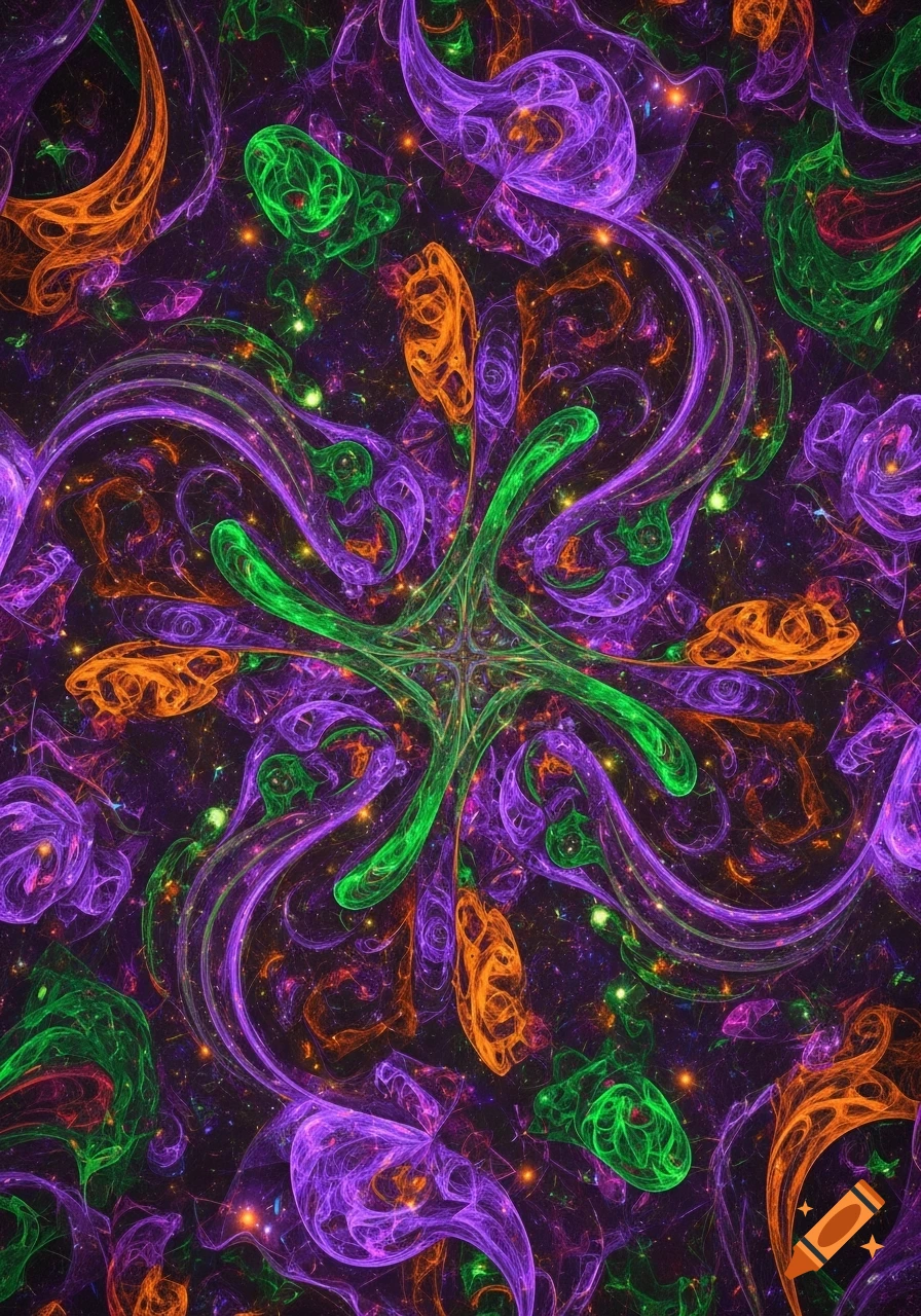 A vibrant, abstract pattern of glowing purple, green, and orange fractal-like swirls against a dark, starry background.