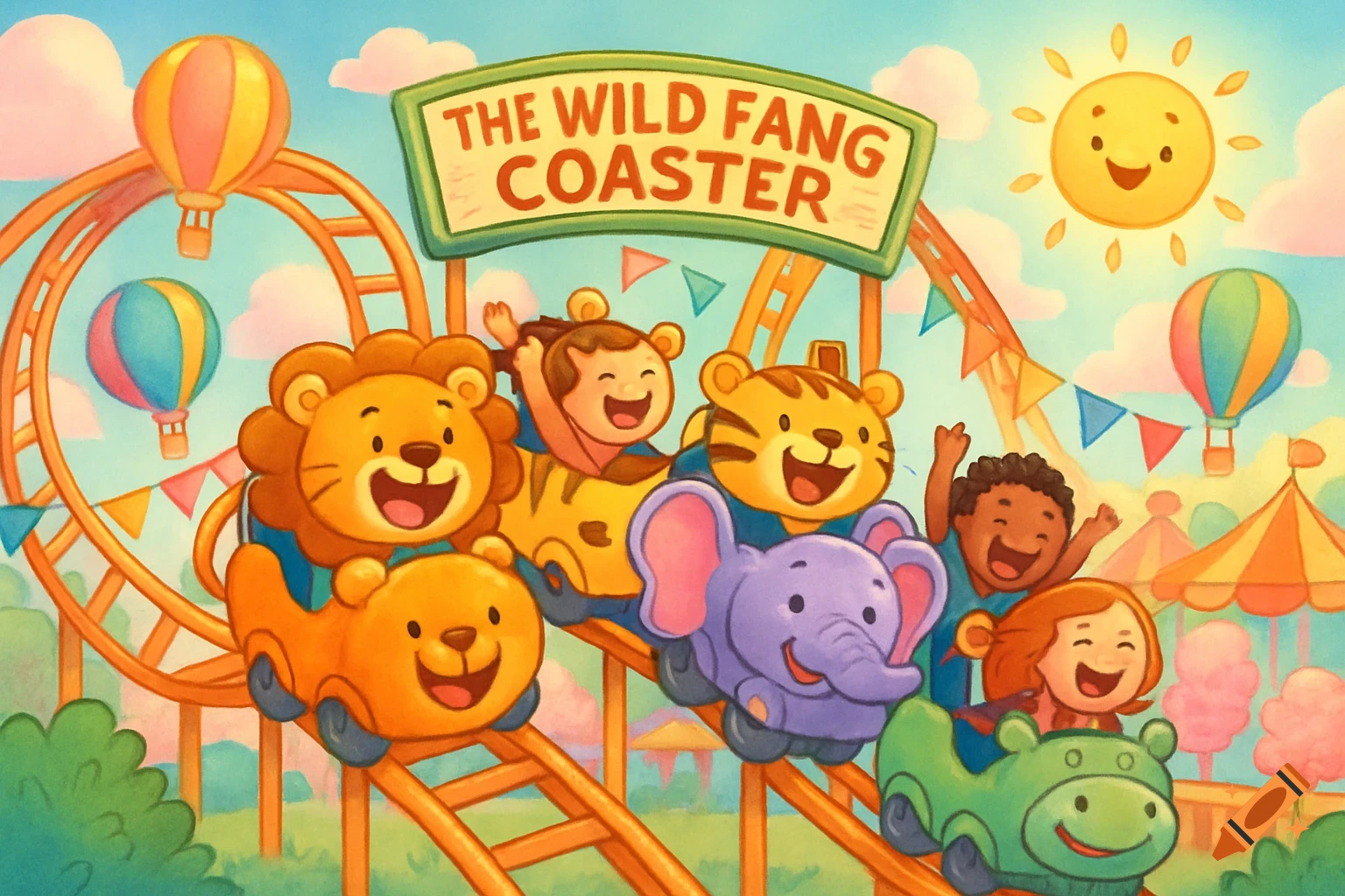 A colorful, kid-friendly cartoon roller coaster, "The Wild Fang Coaster," with smiling children riding in animal-shaped cars through a vibrant amusement park.