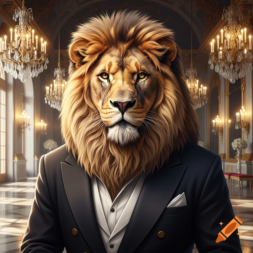 Photorealistic anthropomorphic lion in a black suit and white shirt, standing in an opulent hall with chandeliers.
