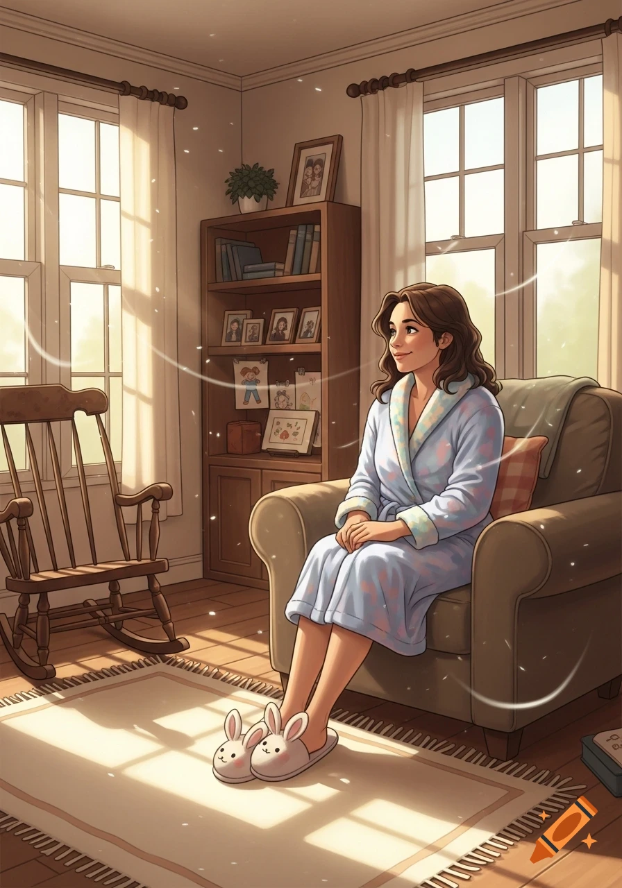 A woman in a blue bathrobe and bunny slippers sits in an armchair by a sunlit window in a cozy room.