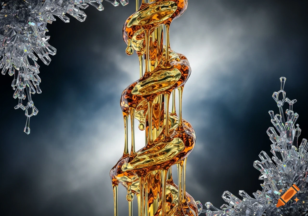 A central swirling column of dripping golden liquid framed by clear, sharp crystalline structures against a dark, smoky background.
