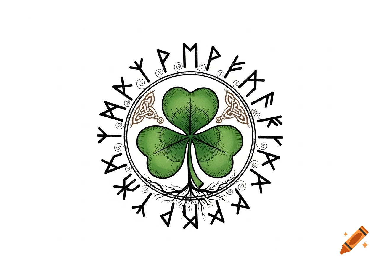 A green three-leaf clover with roots, encircled by Elder Futhark runes and Celtic knots, on a white background. Stylized illustration.