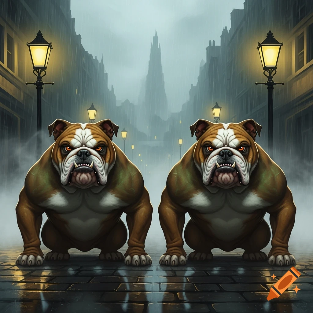 Two stylized, muscular angry bulldogs crouch on a wet, cobblestone street in a rainy, foggy city with lampposts.