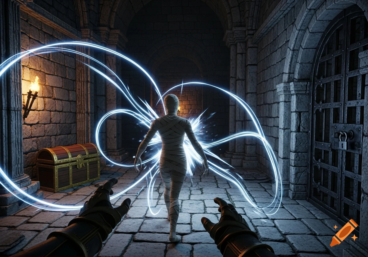 First-person view of a player casting magic at a mummy in a dark, stone dungeon with a treasure chest and gated door, photorealistic.
