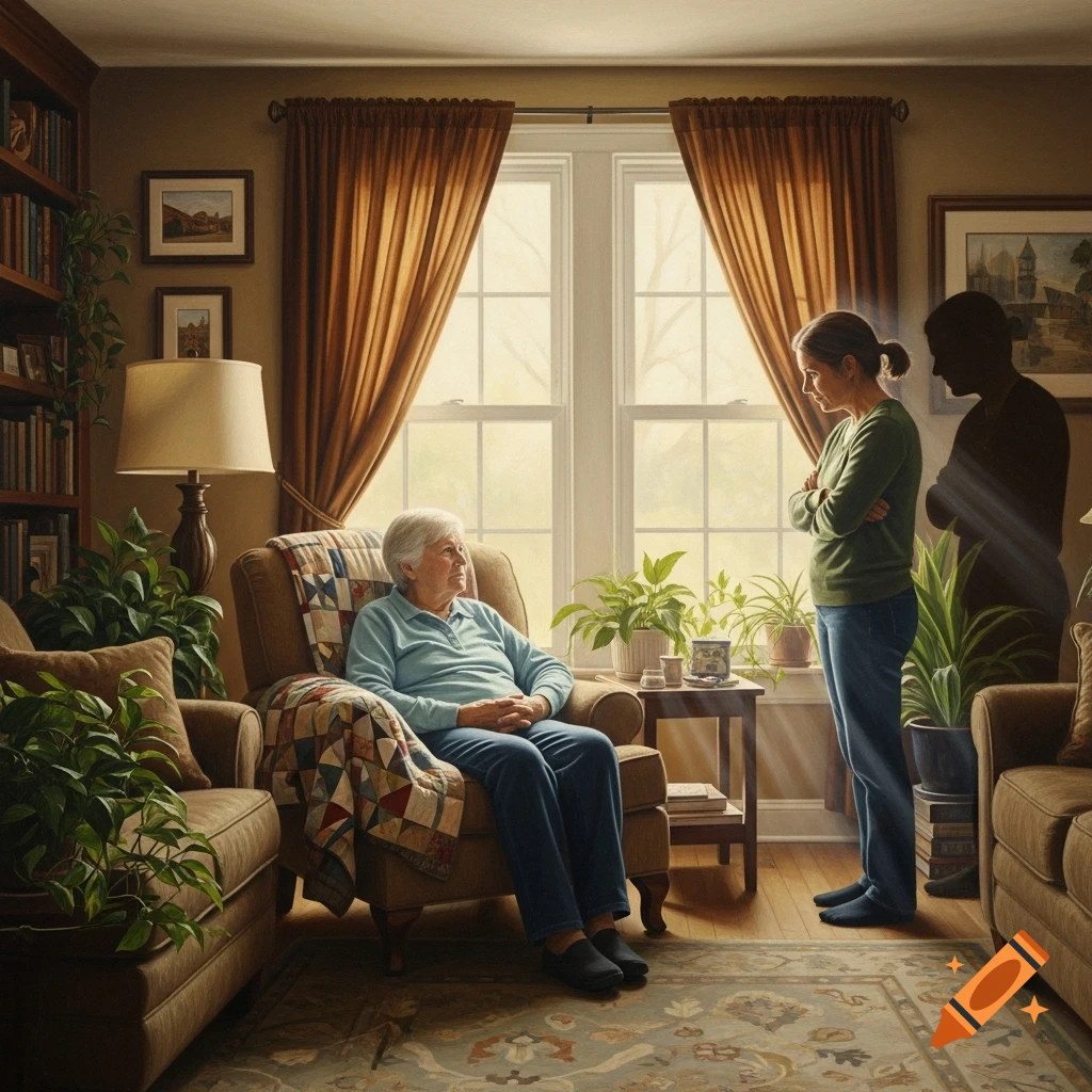A young woman looks concernedly at an elderly woman seated in a warm, cozy living room, next to a subtle ghostly figure.