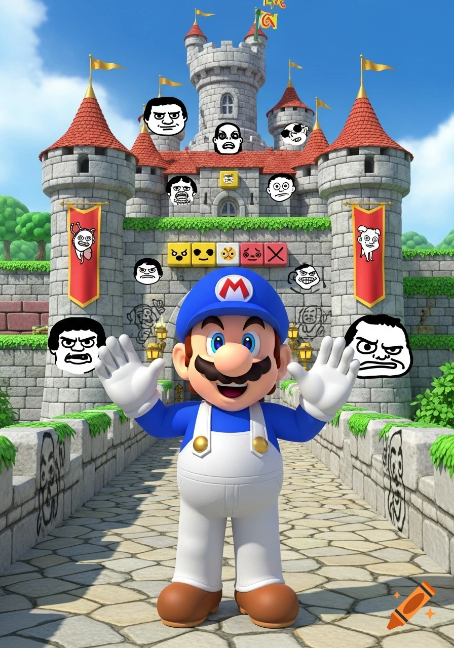 Blue-suited Mario with a mustache stands before a Super Mario 64 style castle, adorned with various internet meme faces.