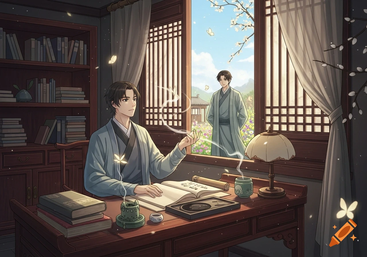 Anime-style illustration of a scholar at a desk with an open book, looking out a window at another person in a spring garden with butterflies.