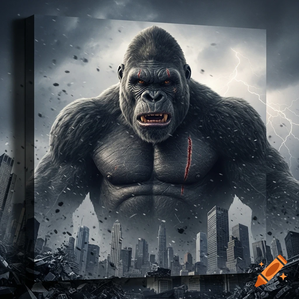 Giant, scarred gorilla-like monster towering over a destroyed city under a stormy, lightning-filled sky, photorealistic style.