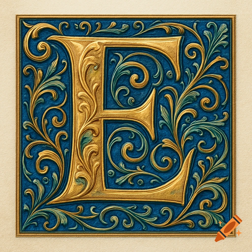 An ornate golden uppercase letter E with elaborate green and gold scrolling on a textured blue background, framed on a light page.