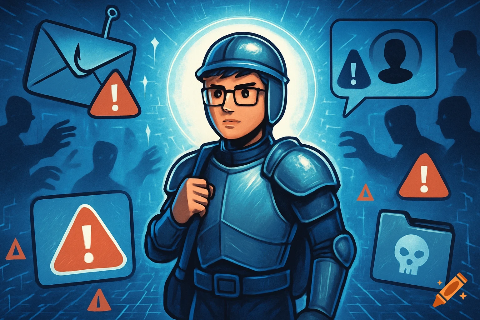 A cartoon illustration of a young person in blue armor and glasses, surrounded by symbols of cyber threats like phishing emails and warning signs, against a blue, tech-themed background with shadowy figures.