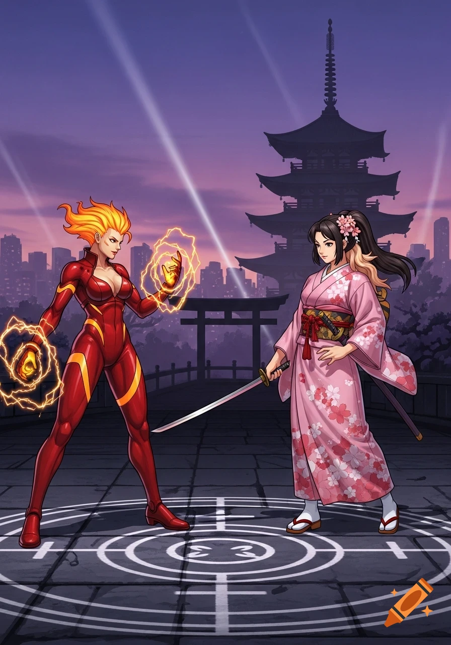 A superhero with fire powers confronts a warrior in a pink kimono with a katana, set against a cityscape with a pagoda.