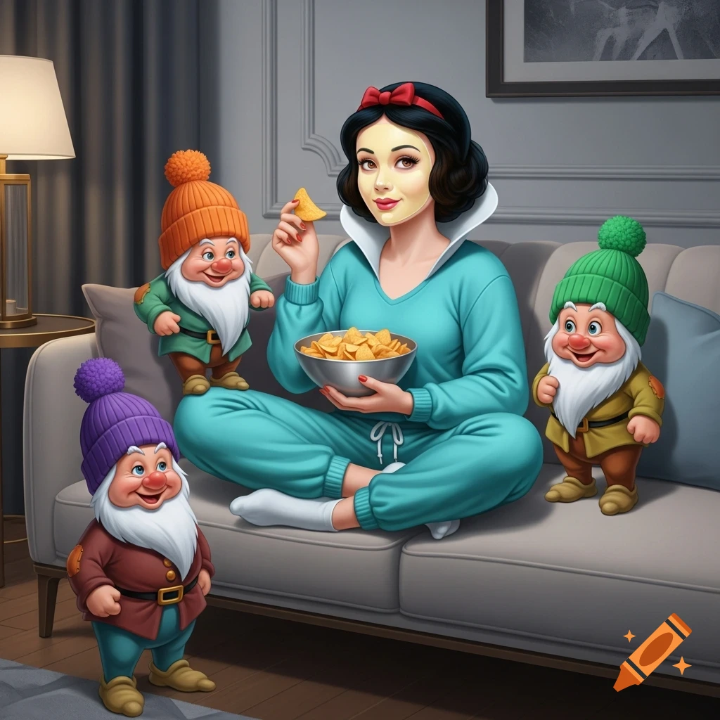 Snow White, wearing a face mask and turquoise loungewear, sits cross-legged on a couch eating chips with three colorful dwarfs.