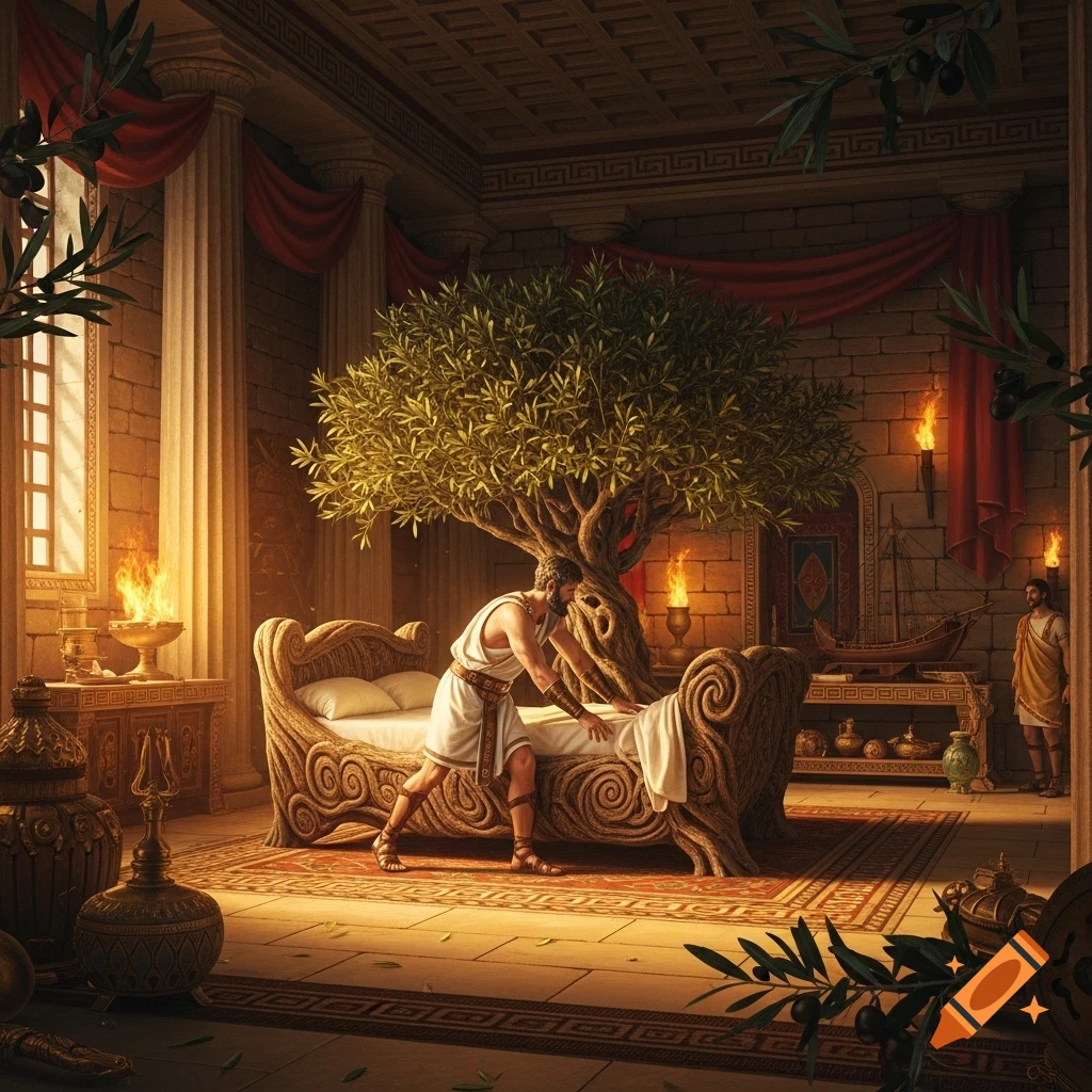 Odysseus in an ancient Greek chamber, straining to move a grand bed with an olive tree growing through its base, lit by torchlight.