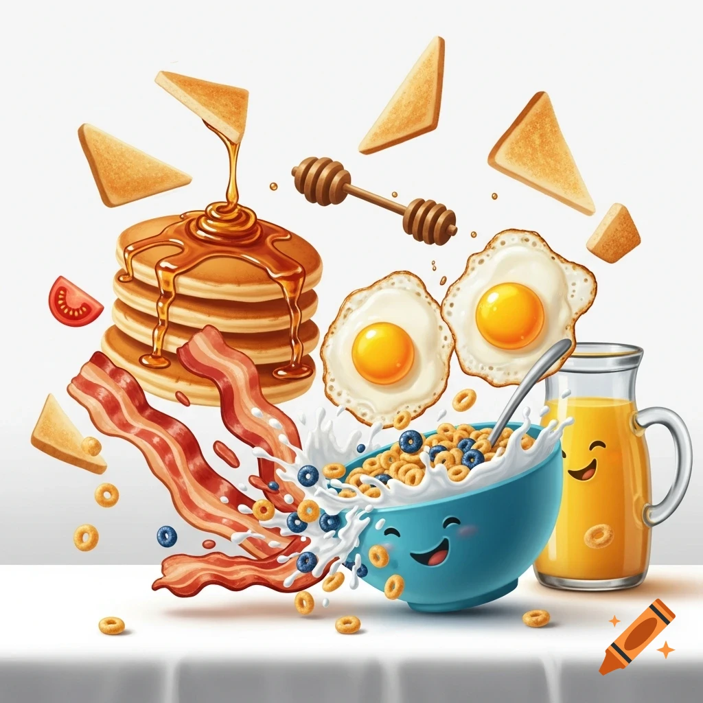 Vibrant stylized illustration of breakfast items like pancakes, bacon, fried eggs, toast, and splashing cereal from a happy-faced bowl.