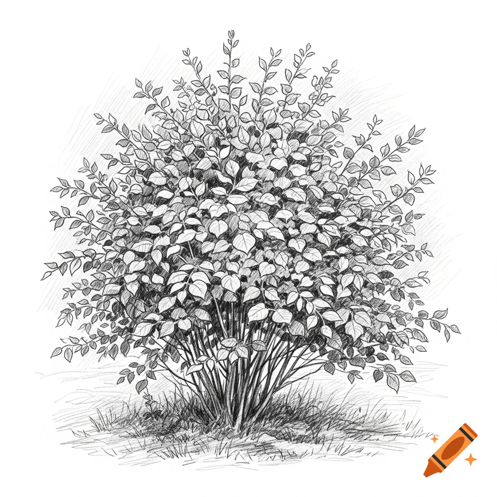 A detailed black and white hand-drawn sketch of a leafy bush with many branches and some grass at its base.