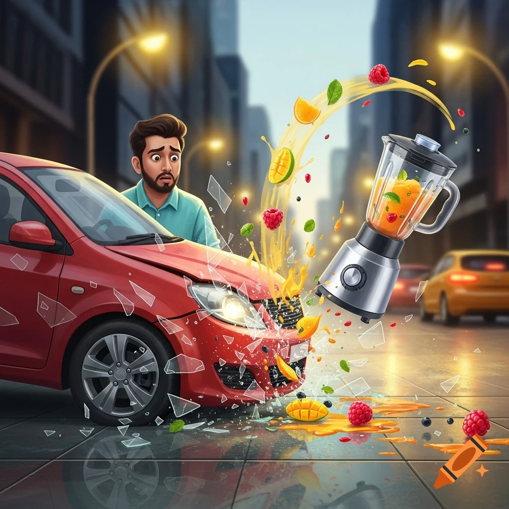 Shocked man stands by a red car that collided with a blender, spraying fruit juice and glass shards on a city street in a cartoon style.
