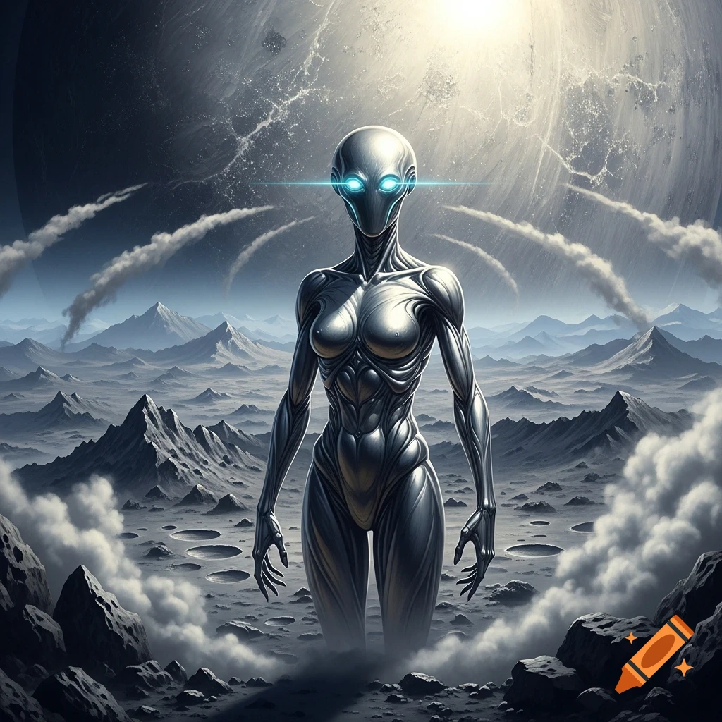 A metallic humanoid alien with glowing eyes stands on a desolate, rocky planet beneath a vast sky with a bright, distant celestial body.