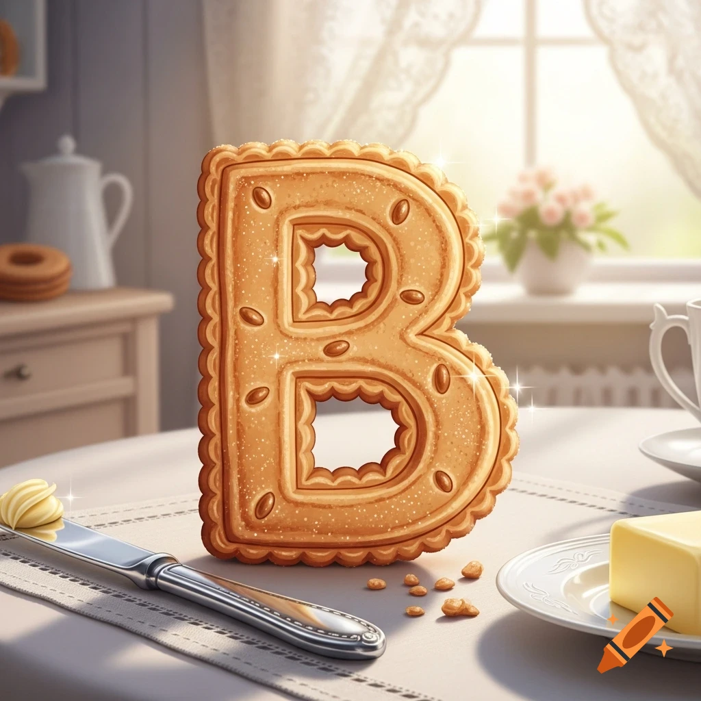 A decorative biscuit shaped like the letter B stands on a white table with a butter knife and a pat of butter, with a sunny window in the background.