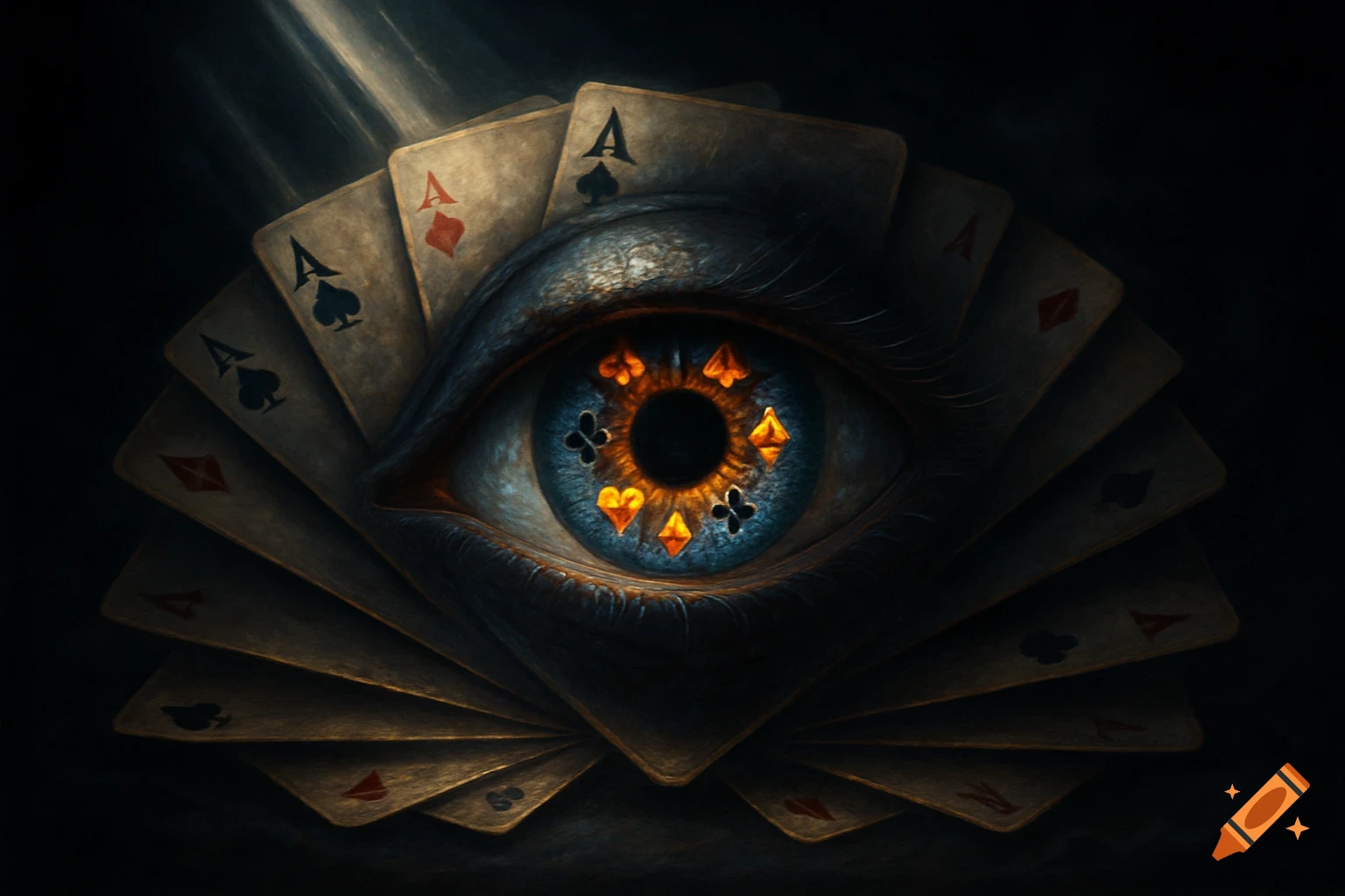 A surreal blue eye with glowing card suit symbols in its iris, fanned by aces and playing cards, in a dark, artistic style.