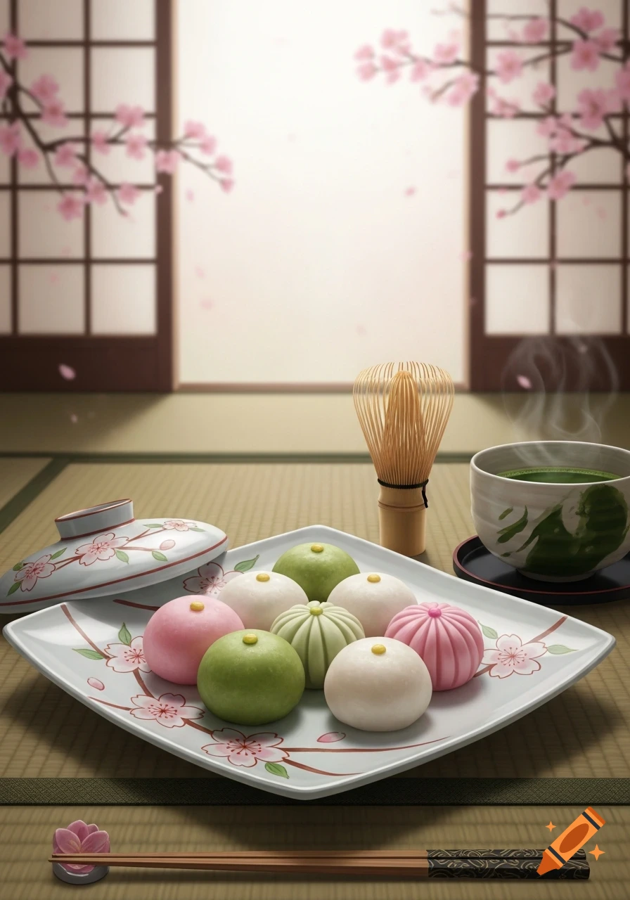 A plate of colorful mochi and a matcha tea set in a traditional Japanese room with cherry blossoms, photorealistic style.