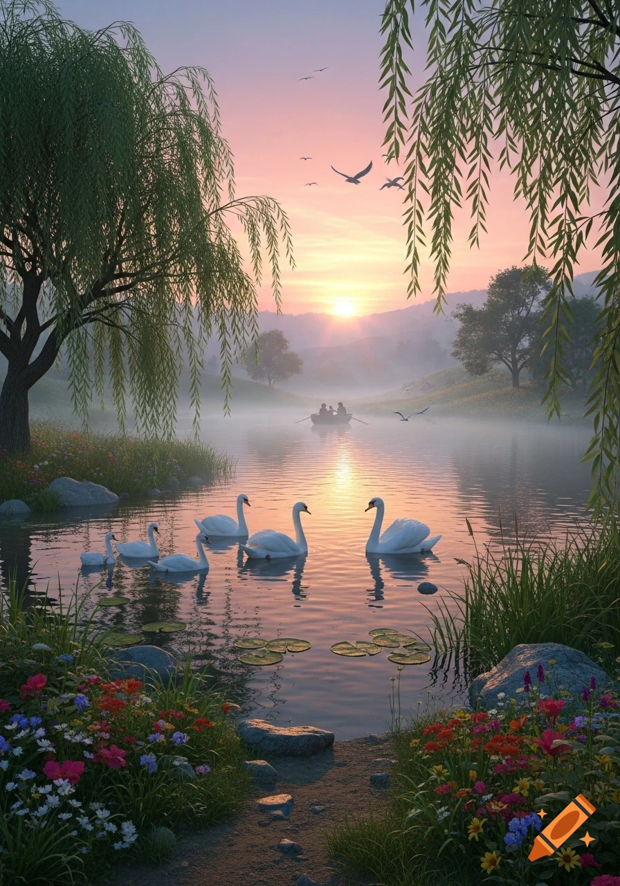 A serene lake at sunrise with white swans swimming, surrounded by ...